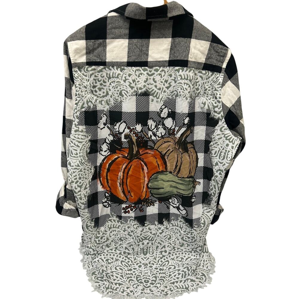 One24 Rags Pumpkin Plaid Flannel shirt w/decorative silk panel women's size 2XL